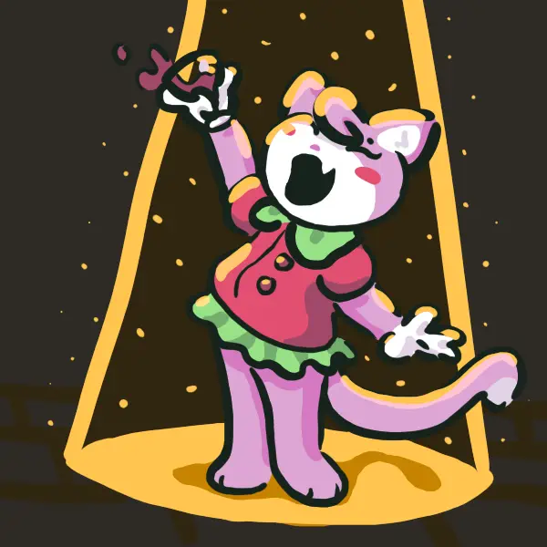 A drawing showing Mia holding a glass of red wine while underneath a spotlight.