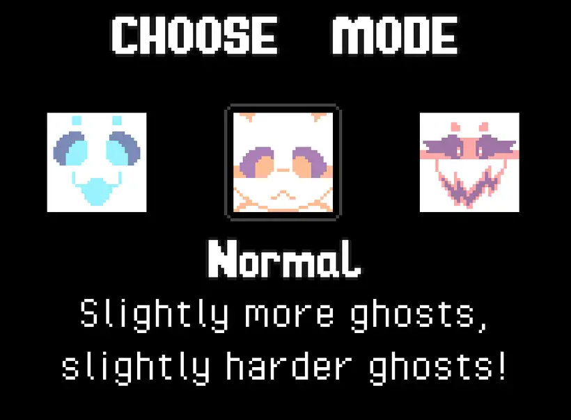 Image showing the different difficulty modes that Ghosts & Japes has, which being Easy, Normal and Hardcore, with Easy showing the face of Kaishi, Normal showing the face of Spookobold and the Hardcore one showing Tsughos.