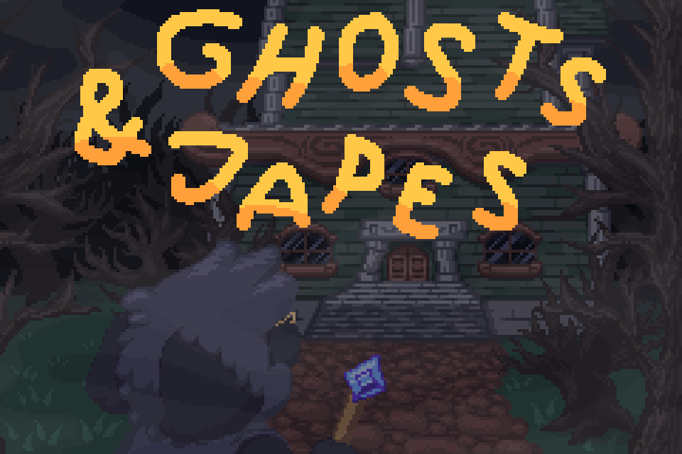 An image showing the text Ghosts & Japes, with Japes holding his wand while looking upon the Mansion the game takes place in, in Ghosts & Japes version 1.0.
