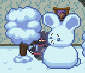 Image shown from in-game with Japes hiding behind a Snowbunny decoration within a new snowy floor for the next update.
