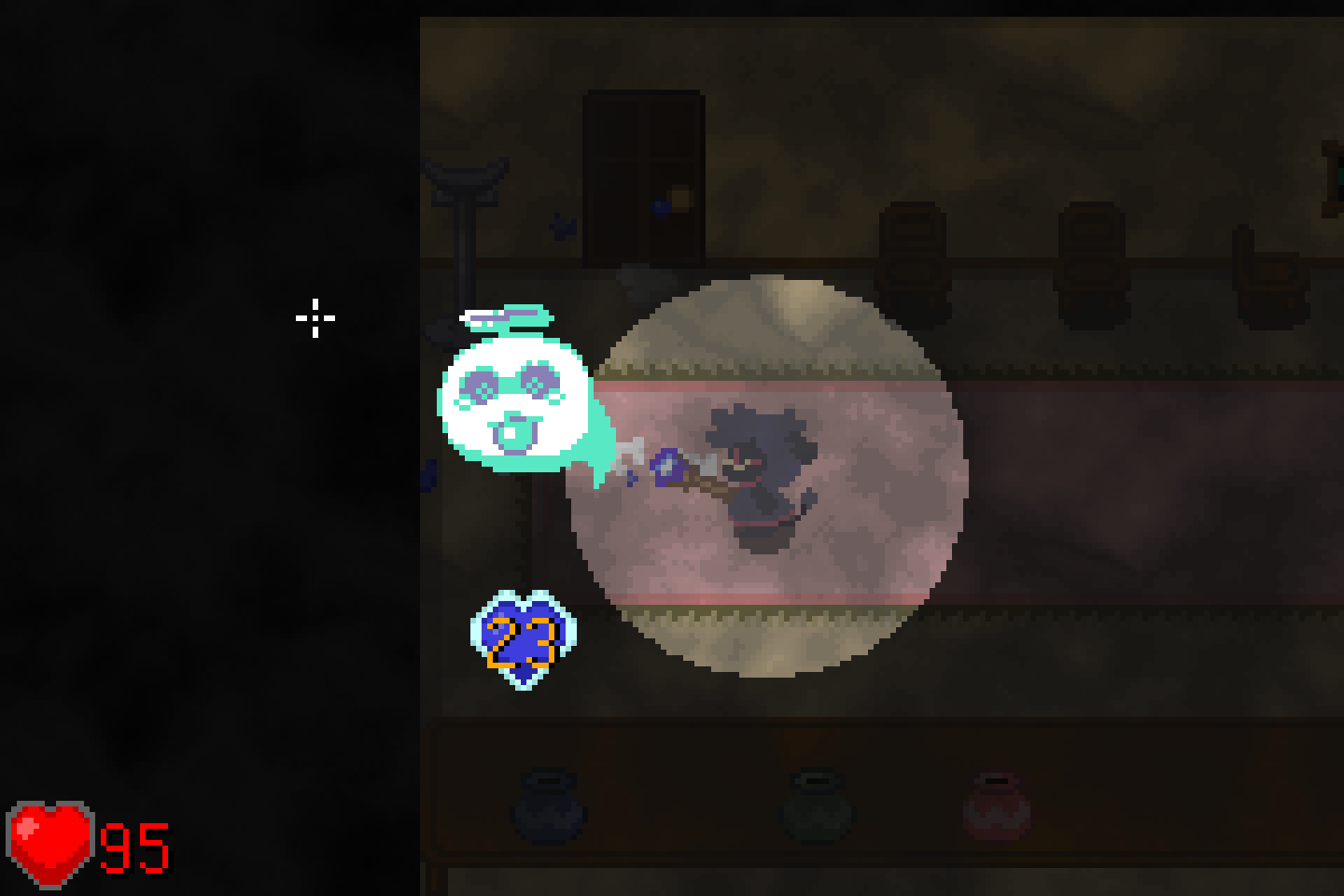 An image of in-game, showing Japes fighting with a ghost called Angello, using his wand to try and suck up the ghost.