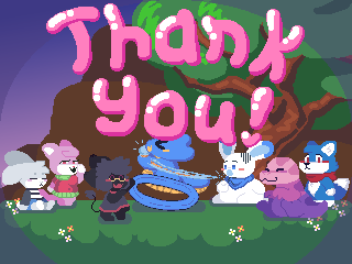A drawing showing the cast of CharcuterieMINI saying thank you to supporting people, the cast being: Cammy, Mia, Japes, BlueKobold, Naru, Miwi and Riley.