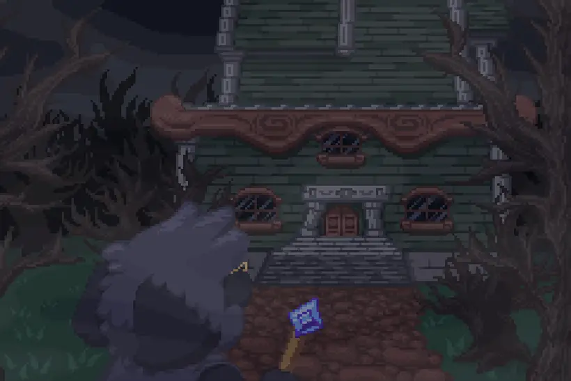 Image of in-game, showing Japes looking towards the Mansion while holding his wand.